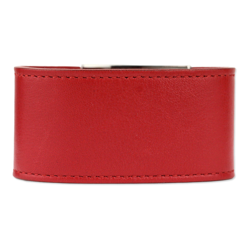 Salvatore Ferragamo Silvertone Gancini Flip Lock Wide Red Leather Bracelet