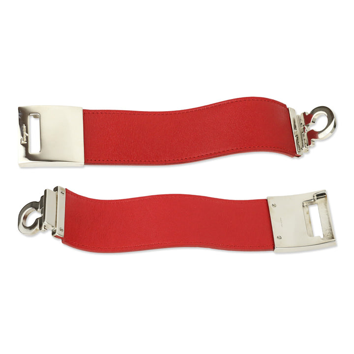 Salvatore Ferragamo Silvertone Gancini Flip Lock Wide Red Leather Bracelet