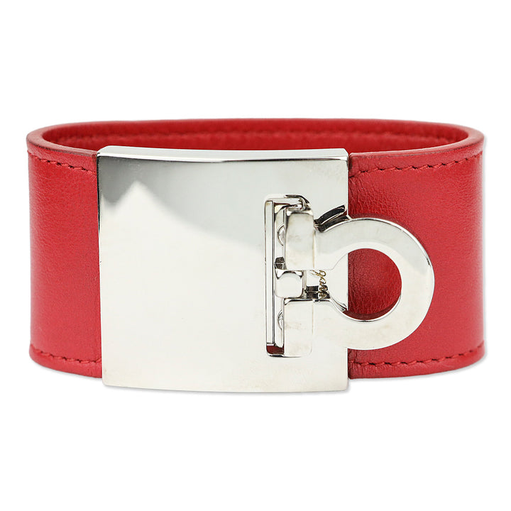 Salvatore Ferragamo Silvertone Gancini Flip Lock Wide Red Leather Bracelet