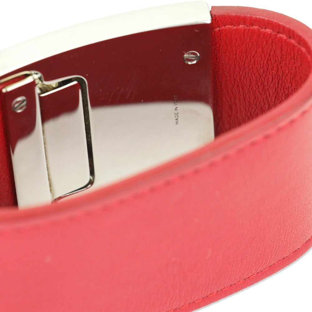 Salvatore Ferragamo Silvertone Gancini Flip Lock Wide Red Leather Bracelet