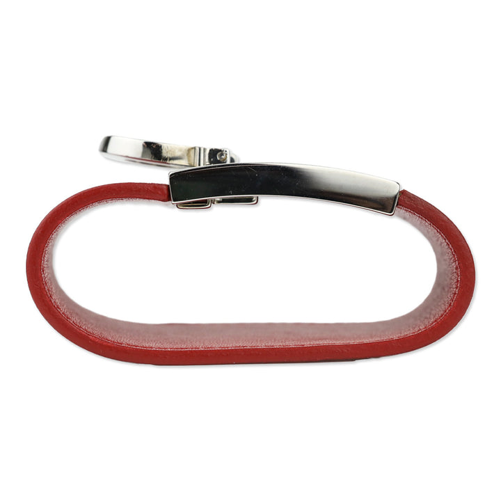 Salvatore Ferragamo Silvertone Gancini Flip Lock Wide Red Leather Bracelet