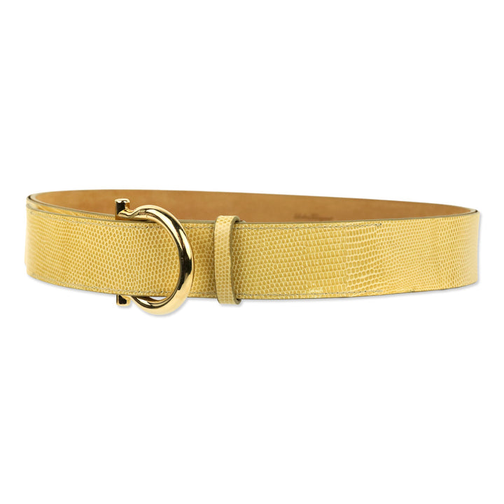 Salvatore Ferragamo Single Gancini Lizard-Embossed Beige Leather Belt
