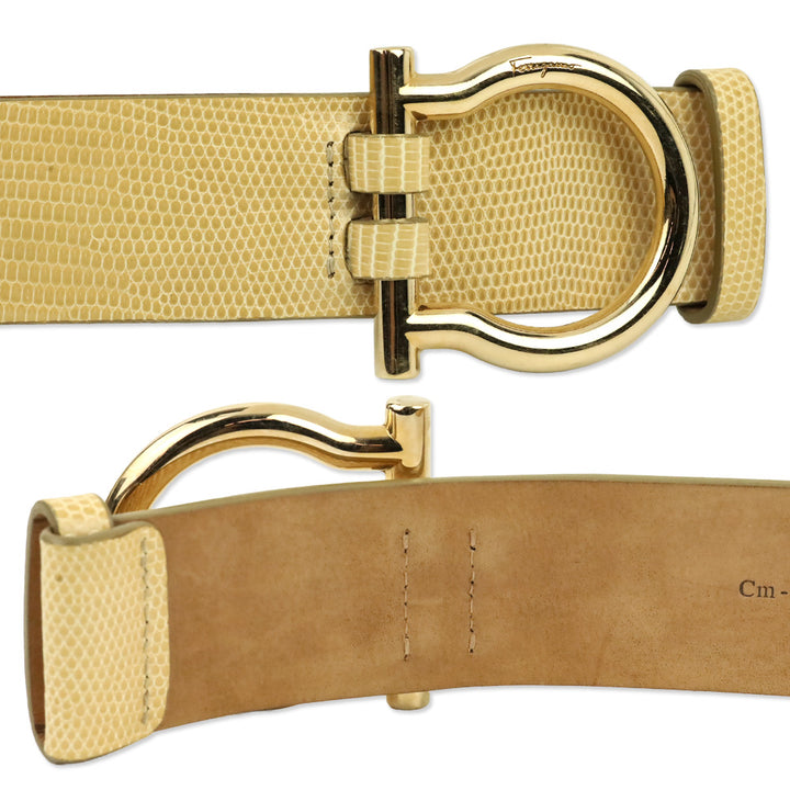 Salvatore Ferragamo Single Gancini Lizard-Embossed Beige Leather Belt