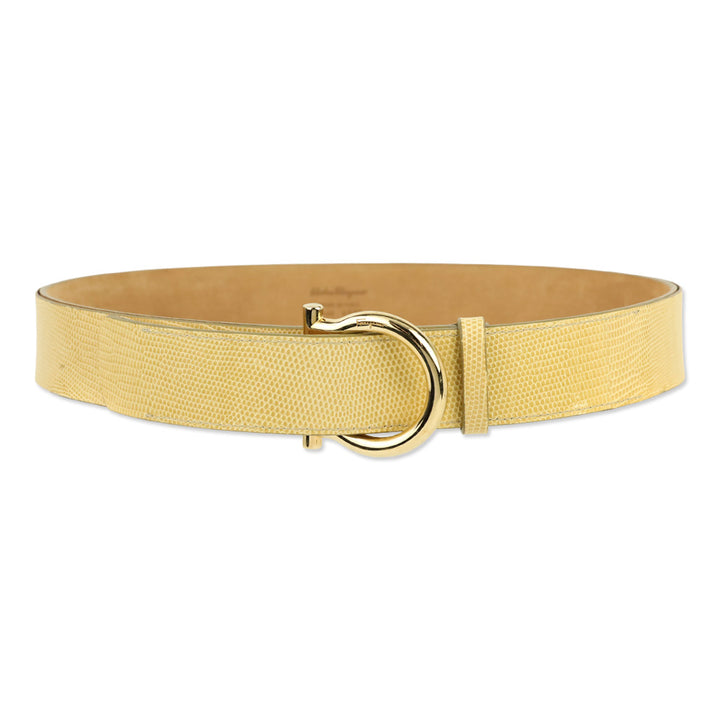Salvatore Ferragamo Single Gancini Lizard-Embossed Beige Leather Belt