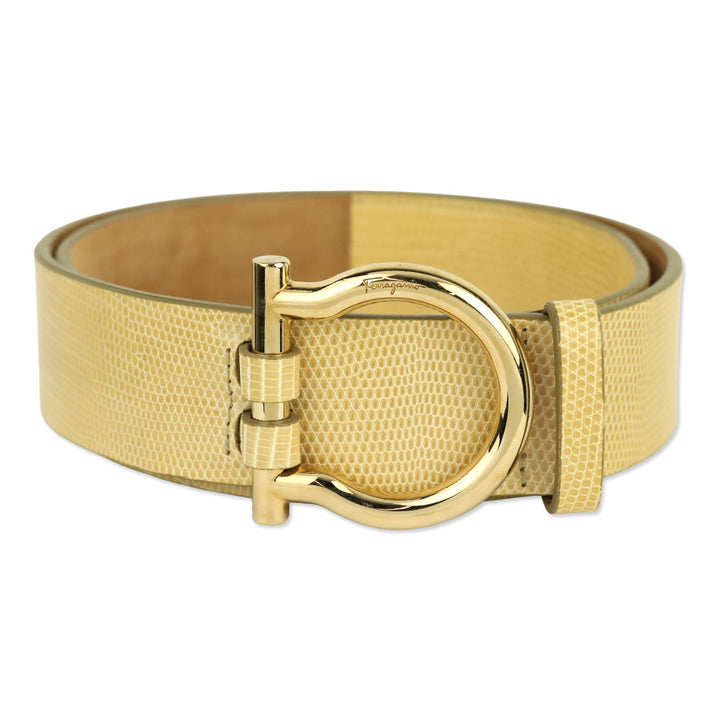 Salvatore Ferragamo Single Gancini Lizard-Embossed Beige Leather Belt