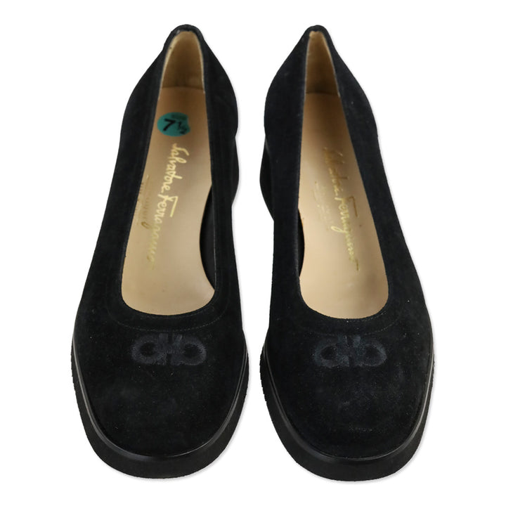 Salvatore Ferragamo Suede Embroidered Gancini Flats