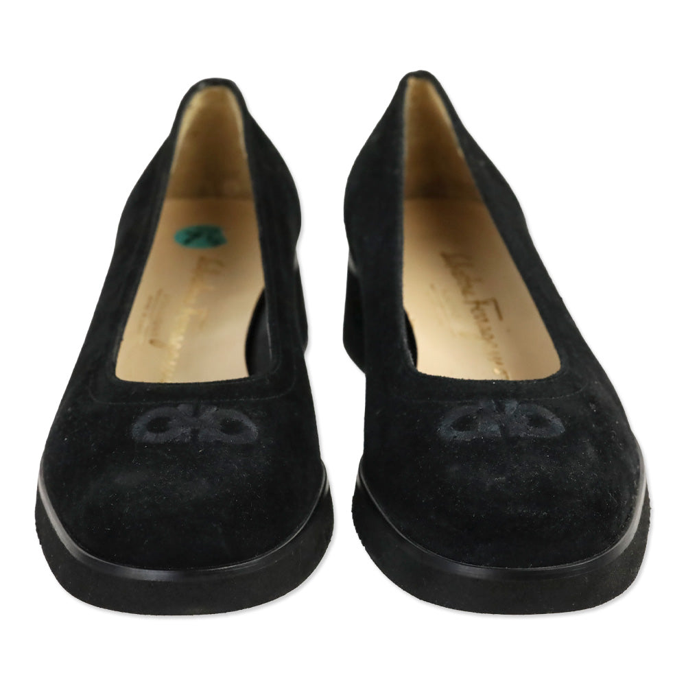 Salvatore Ferragamo Suede Embroidered Gancini Flats