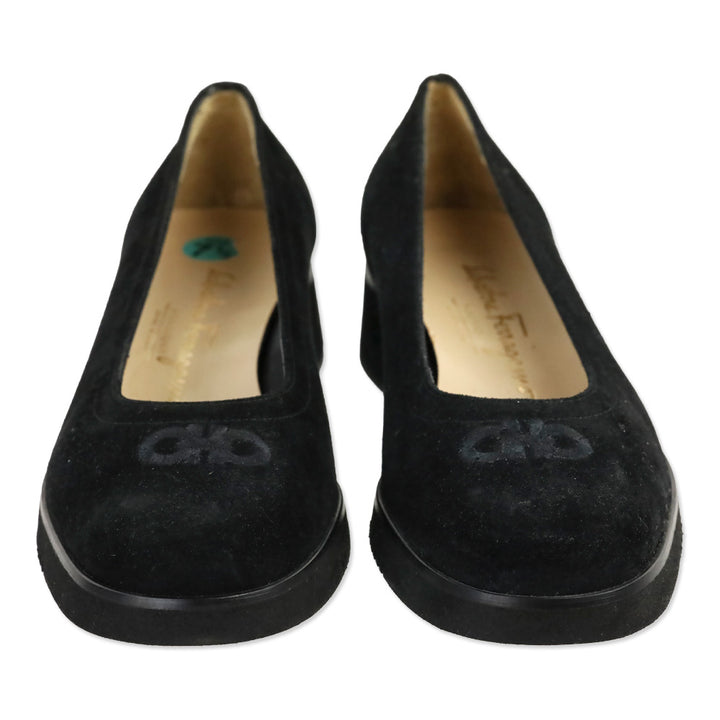 Salvatore Ferragamo Suede Embroidered Gancini Flats