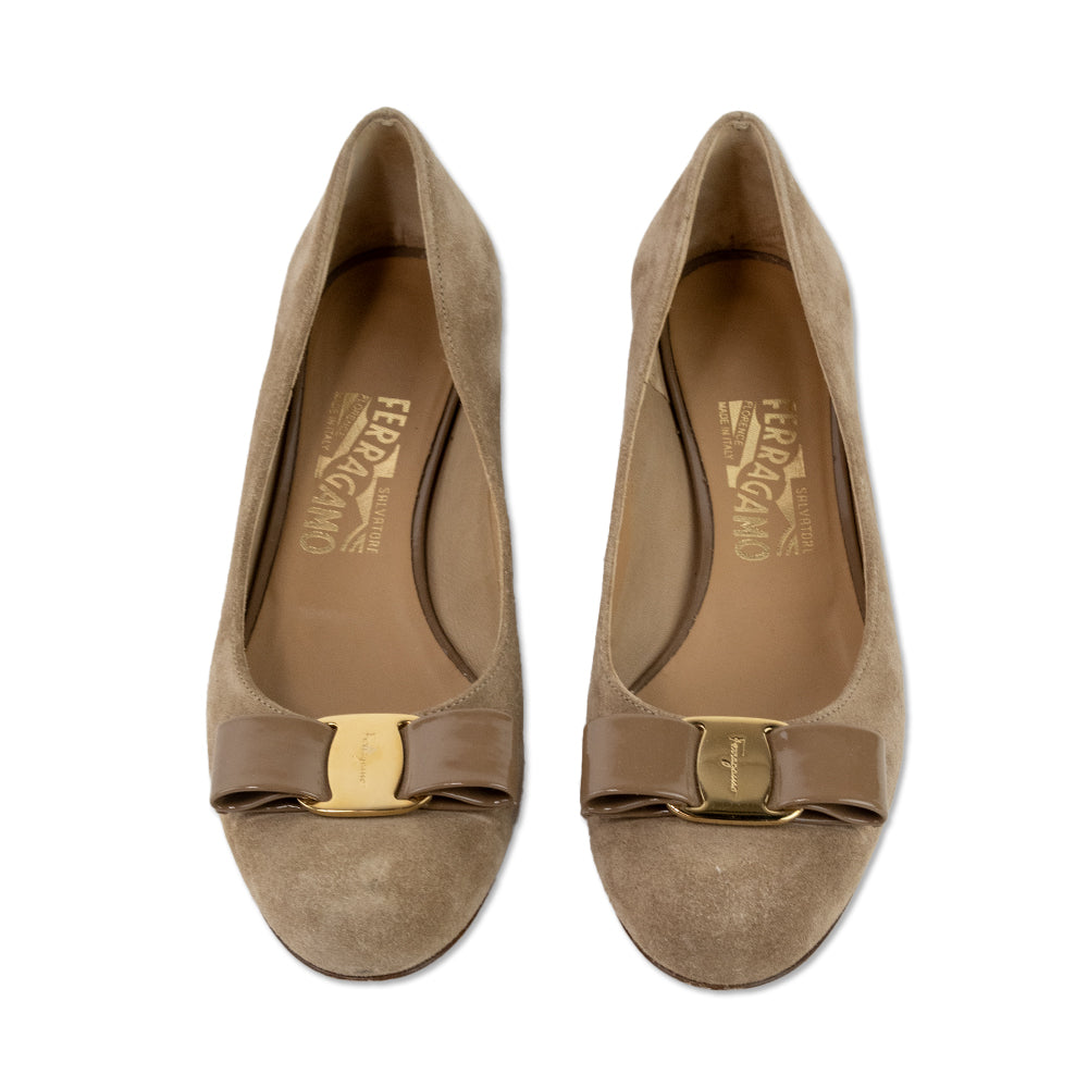 Salvatore Ferragamo Tan Suede Bow Accent Loafers