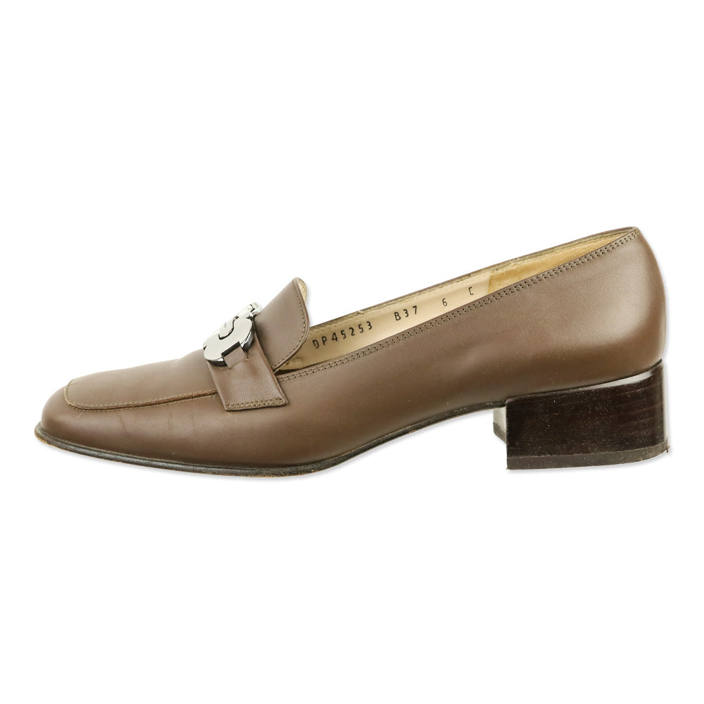 Salvatore Ferragamo Taupe Leather Gunmetal Gancini Kitten Loafer Pump