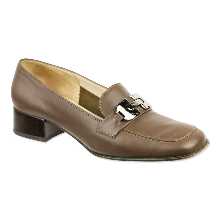 Salvatore Ferragamo Taupe Leather Gunmetal Gancini Kitten Loafer Pump