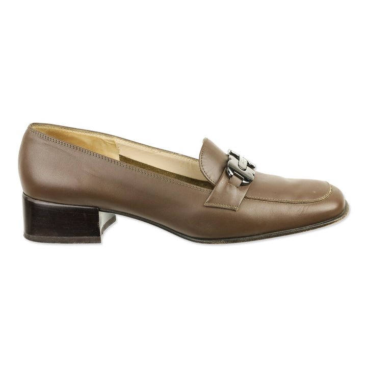 Salvatore Ferragamo Taupe Leather Gunmetal Gancini Kitten Loafer Pump