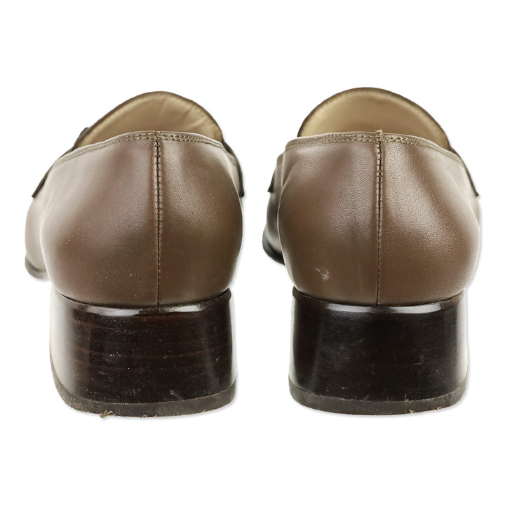 Salvatore Ferragamo Taupe Leather Gunmetal Gancini Kitten Loafer Pump