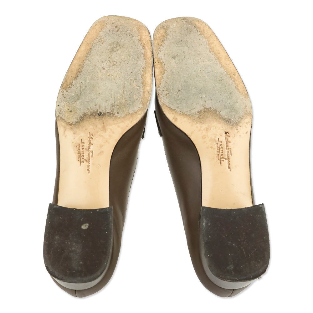 Salvatore Ferragamo Taupe Leather Gunmetal Gancini Kitten Loafer Pump
