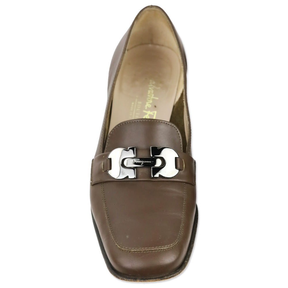Salvatore Ferragamo Taupe Leather Gunmetal Gancini Kitten Loafer Pump