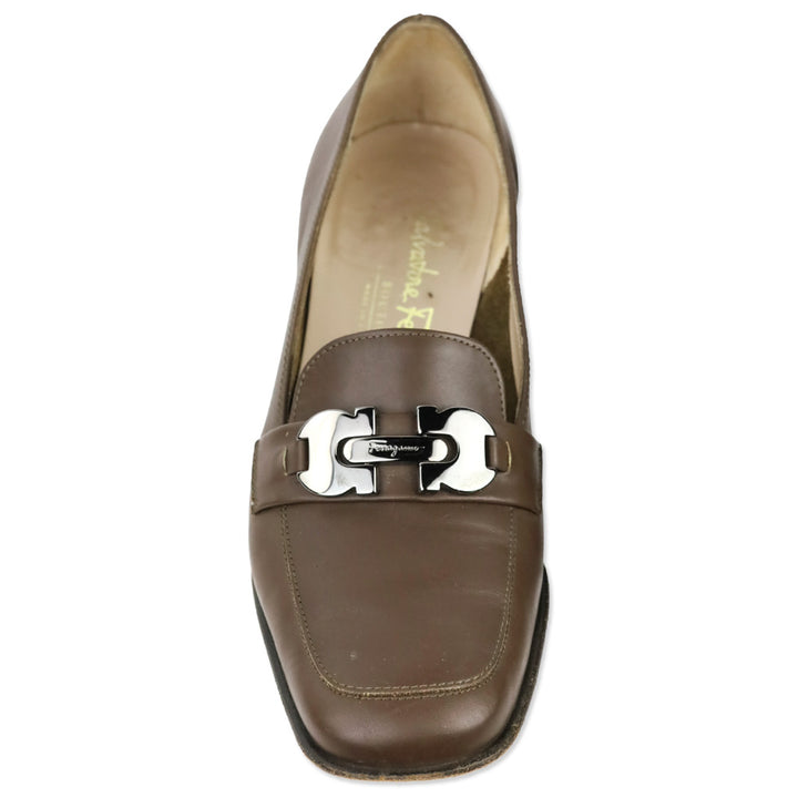 Salvatore Ferragamo Taupe Leather Gunmetal Gancini Kitten Loafer Pump
