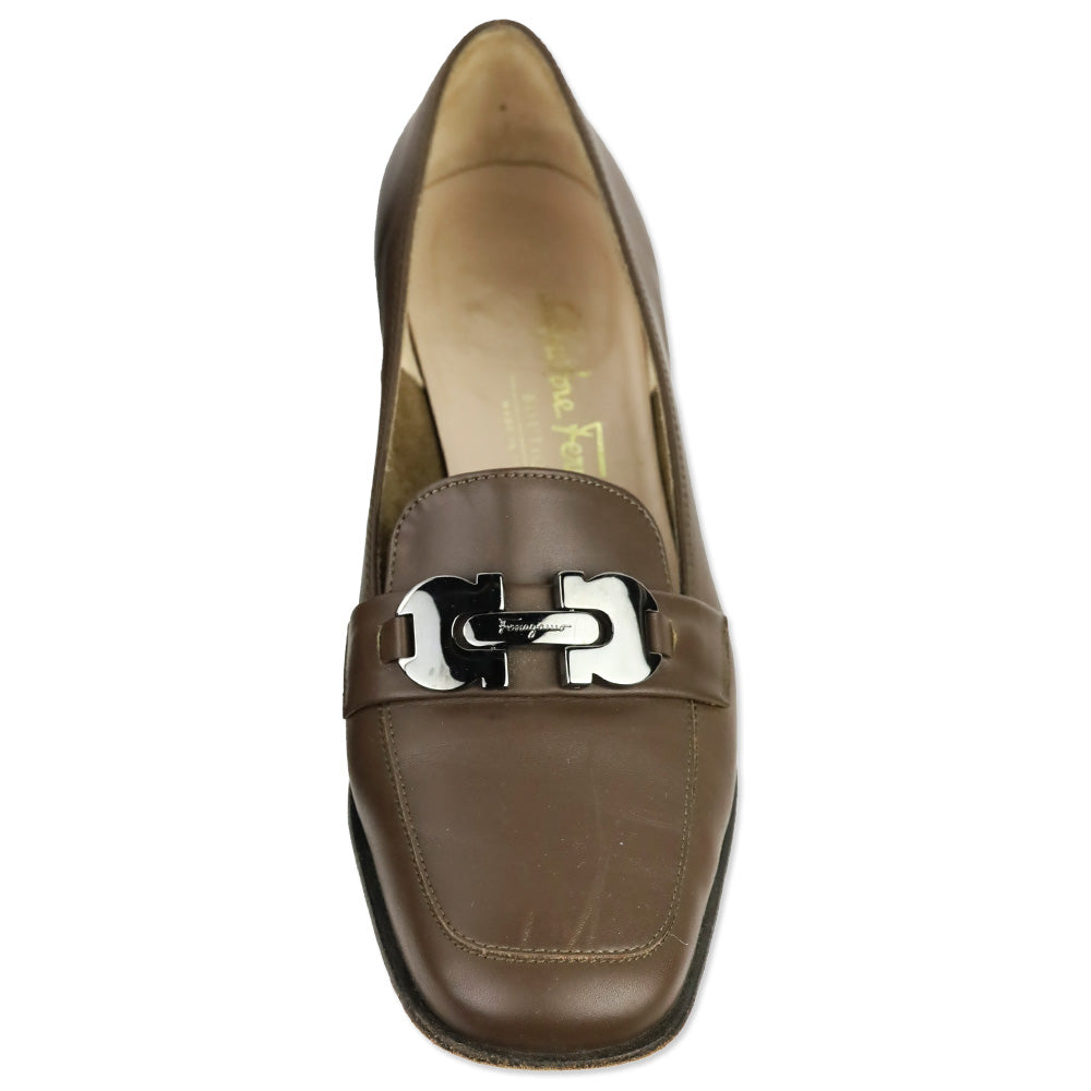 Salvatore Ferragamo Taupe Leather Gunmetal Gancini Kitten Loafer Pump