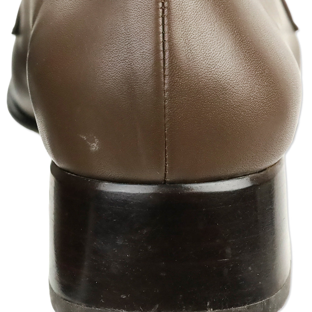 Salvatore Ferragamo Taupe Leather Gunmetal Gancini Kitten Loafer Pump