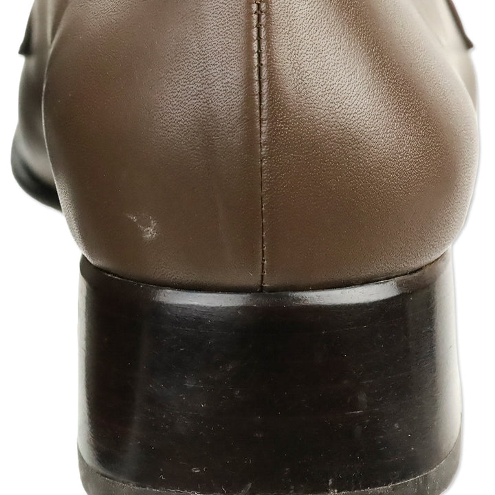 Salvatore Ferragamo Taupe Leather Gunmetal Gancini Kitten Loafer Pump