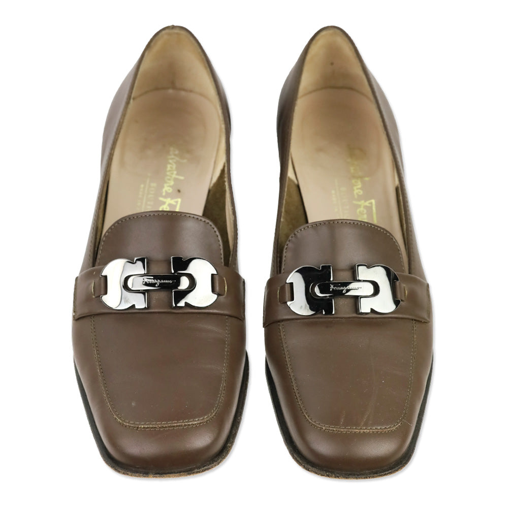 Salvatore Ferragamo Taupe Leather Gunmetal Gancini Kitten Loafer Pump