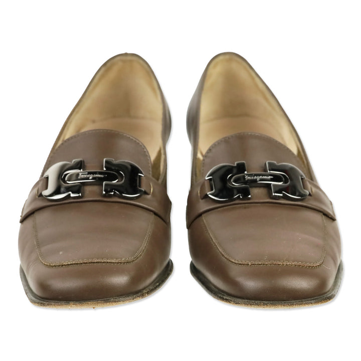 Salvatore Ferragamo Taupe Leather Gunmetal Gancini Kitten Loafer Pump