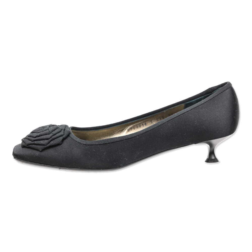 Salvatore Ferragamo Tiara 3cm Black Satin Grosgrain Flower Kitten Pump