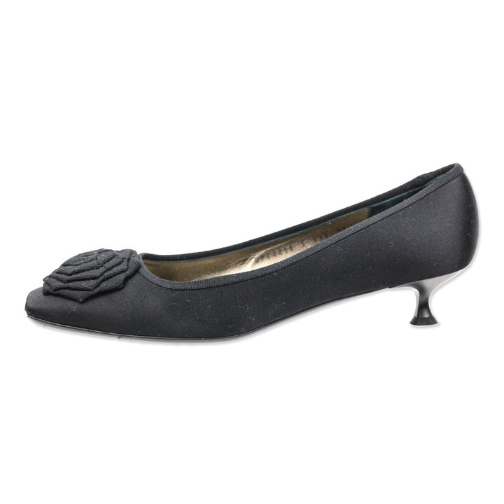 Salvatore Ferragamo Tiara 3cm Black Satin Grosgrain Flower Kitten Pump