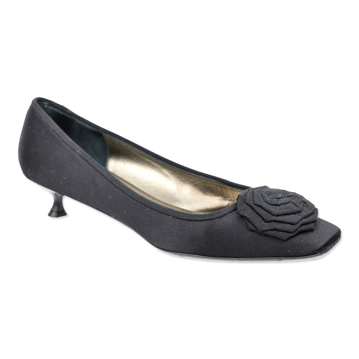 Salvatore Ferragamo Tiara 3cm Black Satin Grosgrain Flower Kitten Pump