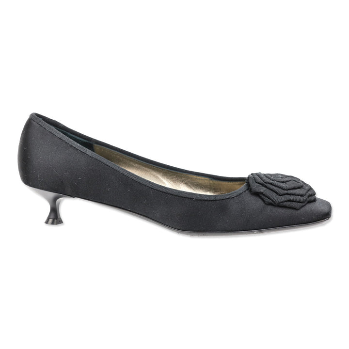 Salvatore Ferragamo Tiara 3cm Black Satin Grosgrain Flower Kitten Pump
