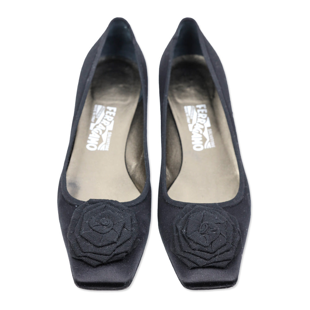 Salvatore Ferragamo Tiara 3cm Black Satin Grosgrain Flower Kitten Pump