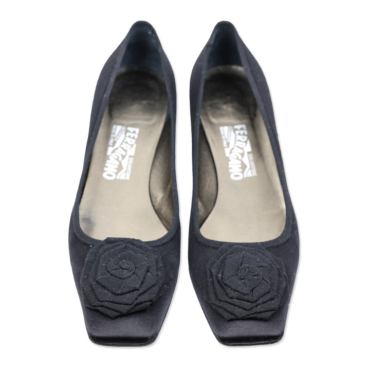 Salvatore Ferragamo Tiara 3cm Black Satin Grosgrain Flower Kitten Pump