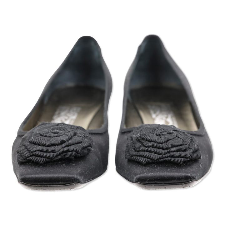 Salvatore Ferragamo Tiara 3cm Black Satin Grosgrain Flower Kitten Pump