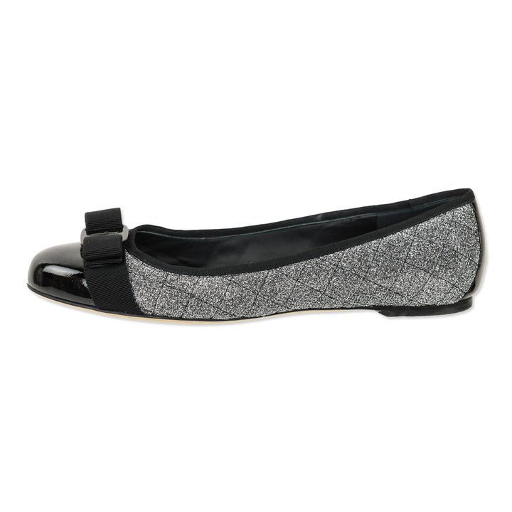 Salvatore Ferragamo Varina Metallic Silver Quilted Black Patent Cap Toe Vara Bow Ballet Flats