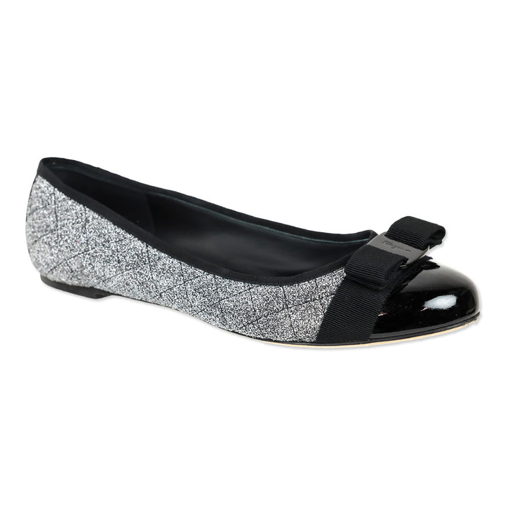 Salvatore Ferragamo Varina Metallic Silver Quilted Black Patent Cap Toe Vara Bow Ballet Flats