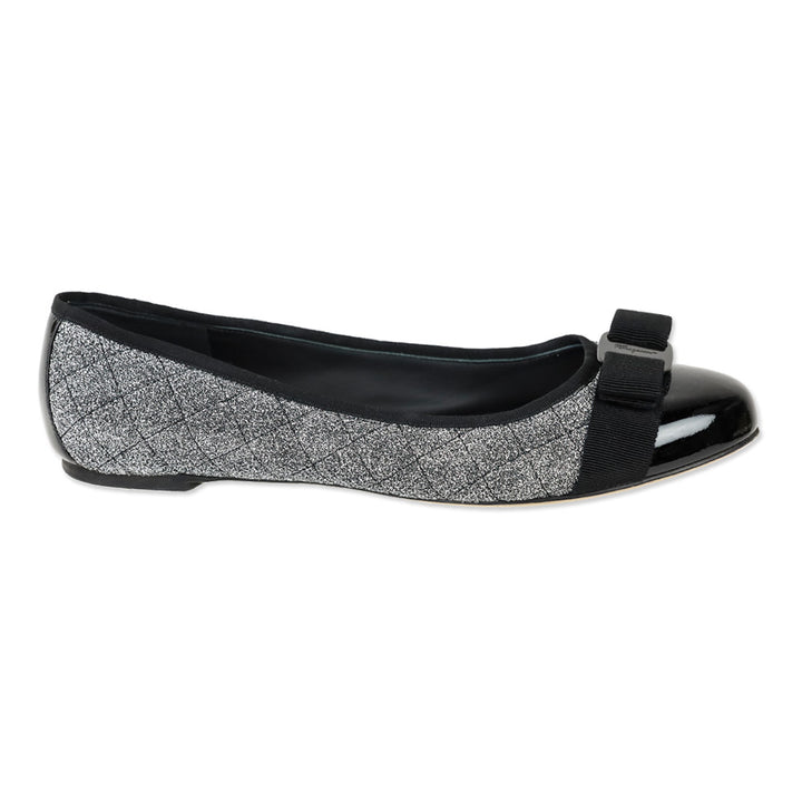 Salvatore Ferragamo Varina Metallic Silver Quilted Black Patent Cap Toe Vara Bow Ballet Flats