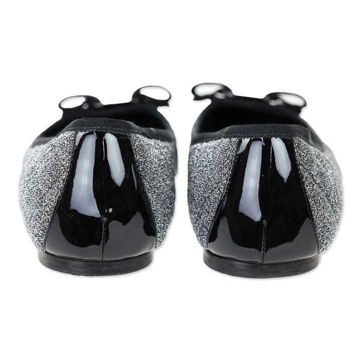 Salvatore Ferragamo Varina Metallic Silver Quilted Black Patent Cap Toe Vara Bow Ballet Flats