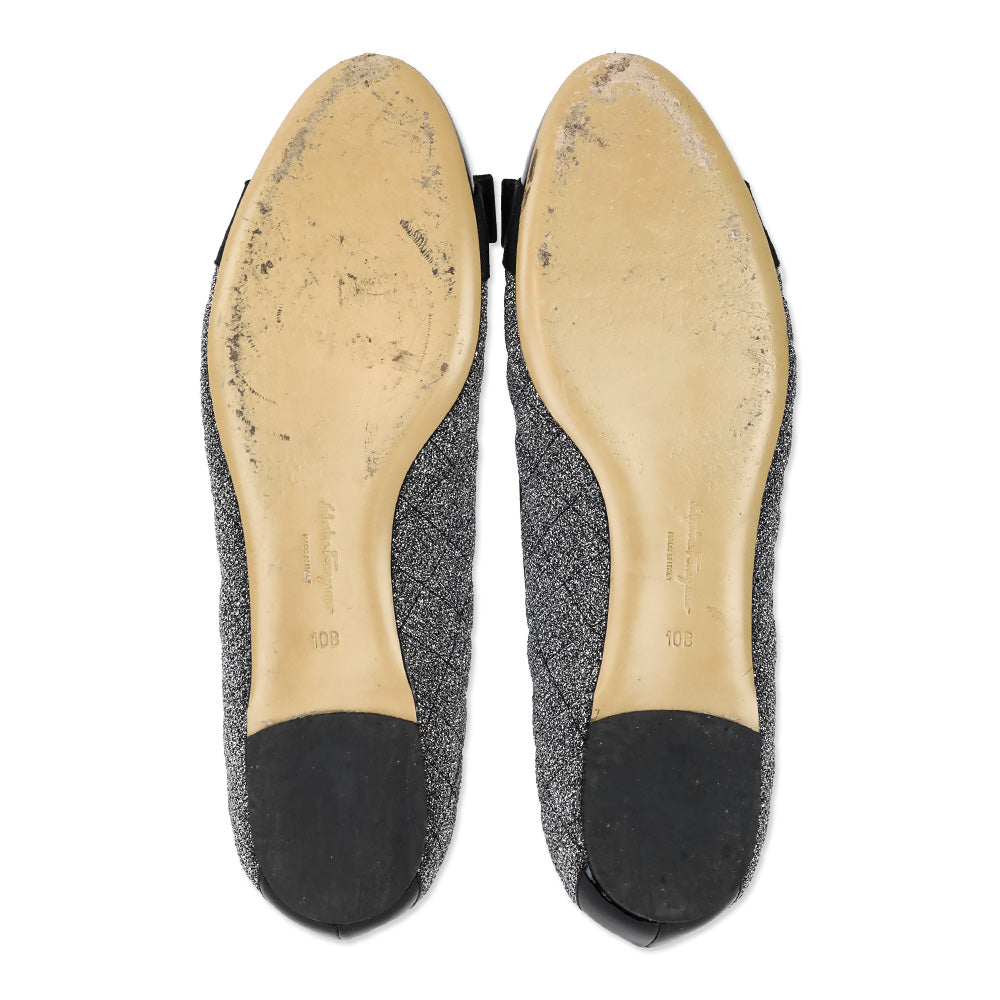 Salvatore Ferragamo Varina Metallic Silver Quilted Black Patent Cap Toe Vara Bow Ballet Flats