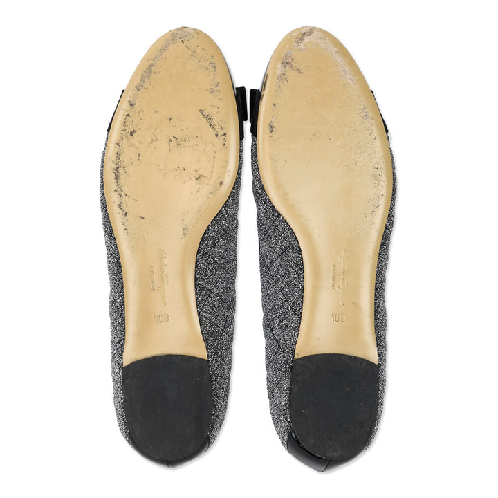 Salvatore Ferragamo Varina Metallic Silver Quilted Black Patent Cap Toe Vara Bow Ballet Flats