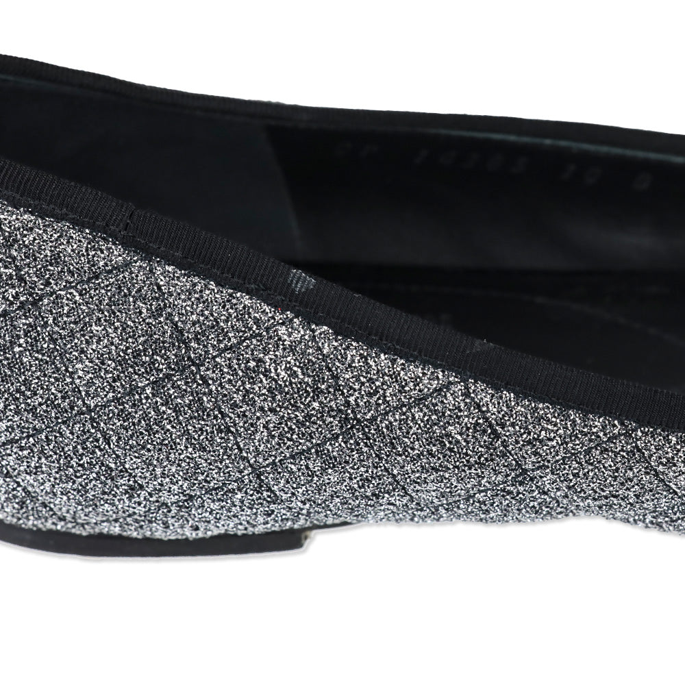 Salvatore Ferragamo Varina Metallic Silver Quilted Black Patent Cap Toe Vara Bow Ballet Flats