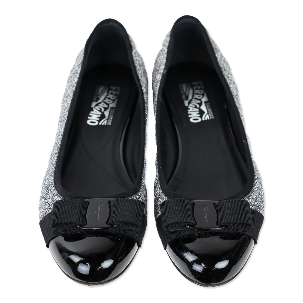 Salvatore Ferragamo Varina Metallic Silver Quilted Black Patent Cap Toe Vara Bow Ballet Flats