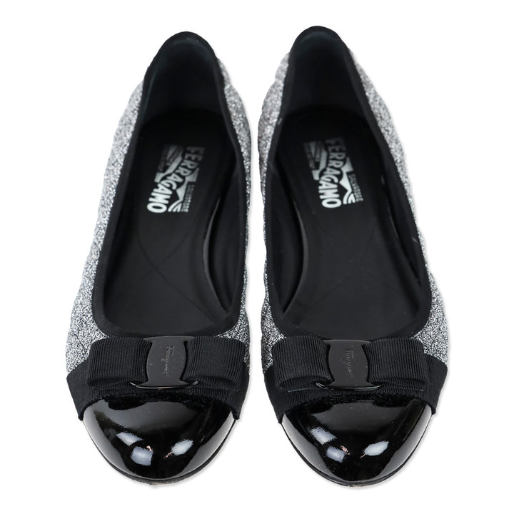 Salvatore Ferragamo Varina Metallic Silver Quilted Black Patent Cap Toe Vara Bow Ballet Flats
