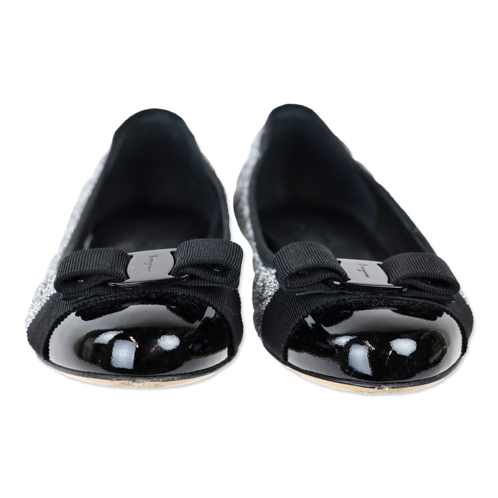 Salvatore Ferragamo Varina Metallic Silver Quilted Black Patent Cap Toe Vara Bow Ballet Flats