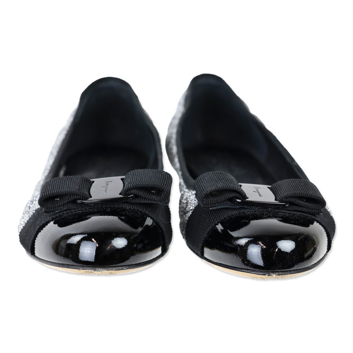 Salvatore Ferragamo Varina Metallic Silver Quilted Black Patent Cap Toe Vara Bow Ballet Flats