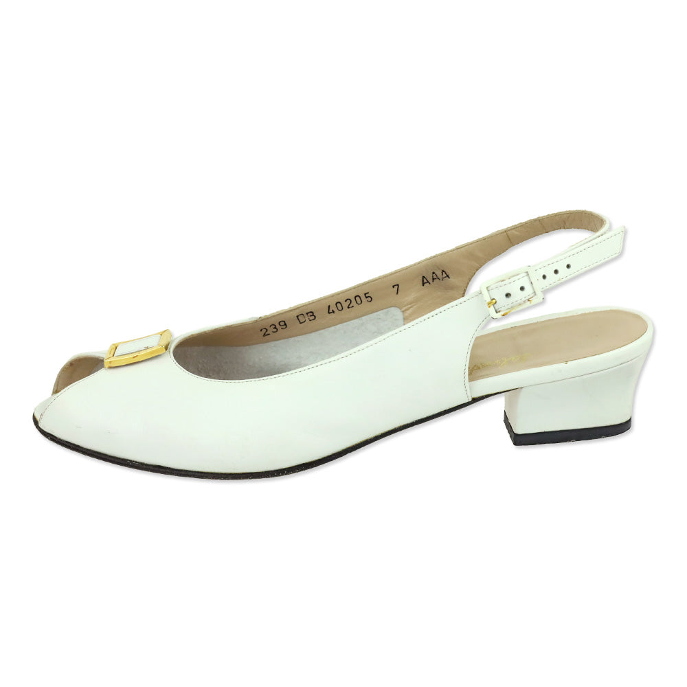 Salvatore Ferragamo White Leather Slingback Peep-Toe Manna Pumps