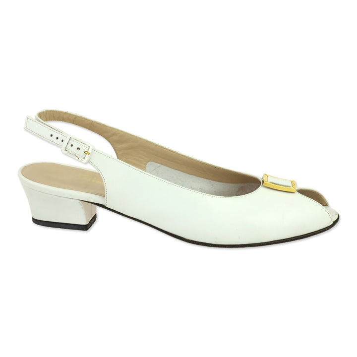 Salvatore Ferragamo White Leather Slingback Peep-Toe Manna Pumps