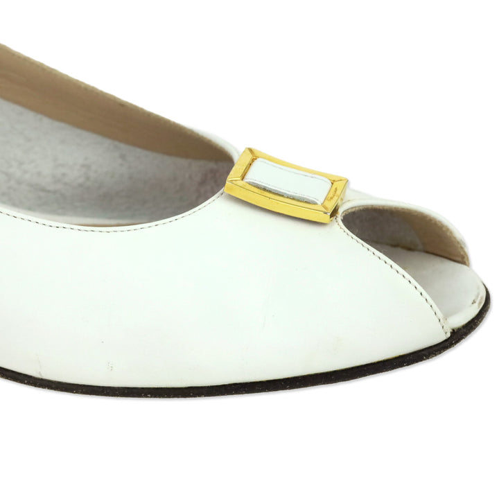 Salvatore Ferragamo White Leather Slingback Peep-Toe Manna Pumps