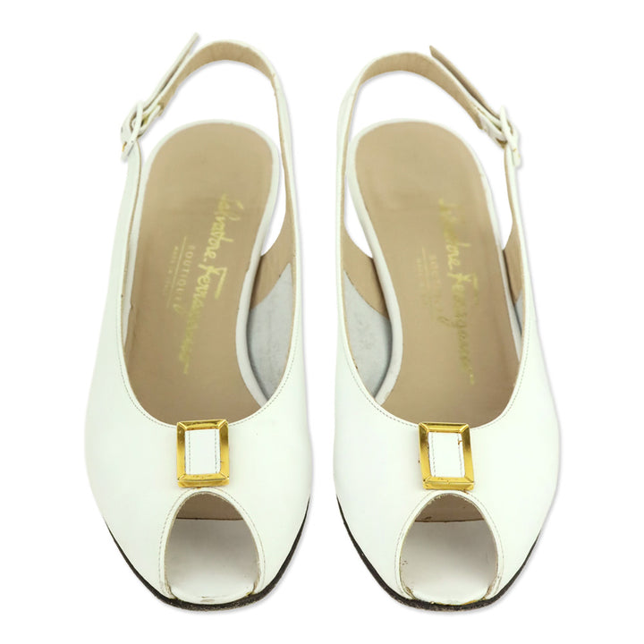 Salvatore Ferragamo White Leather Slingback Peep-Toe Manna Pumps