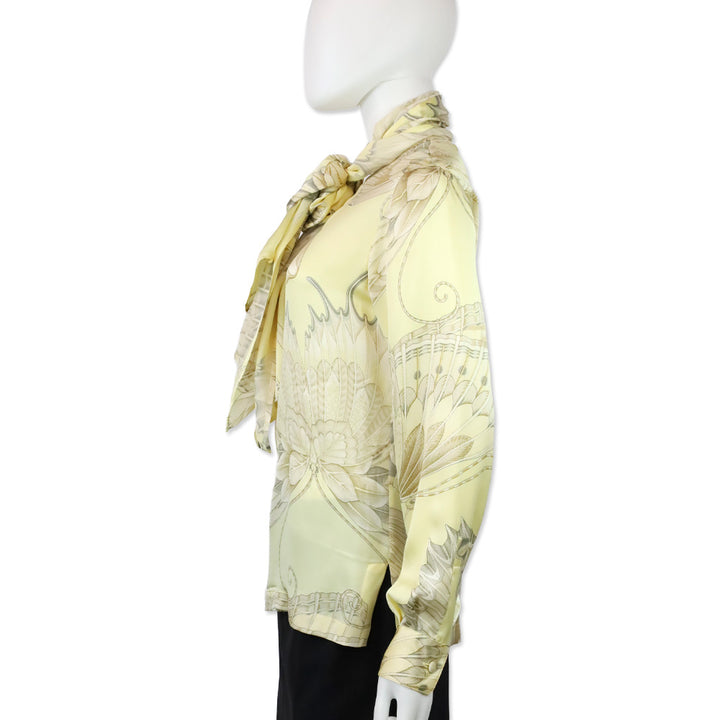 Salvatore Ferragamo Yellow Butterfly Print Silk Long Sleeve Blouse with Scarf