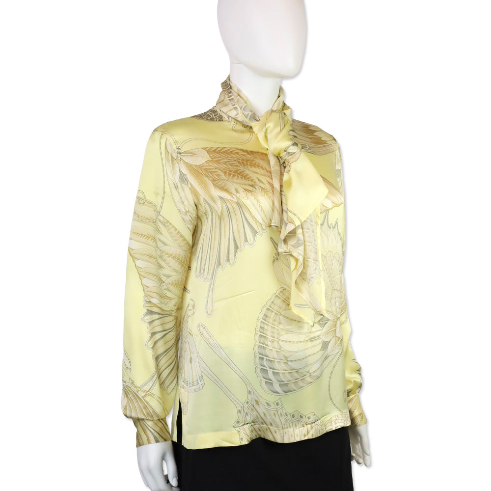 Salvatore Ferragamo Yellow Butterfly Print Silk Long Sleeve Blouse with Scarf