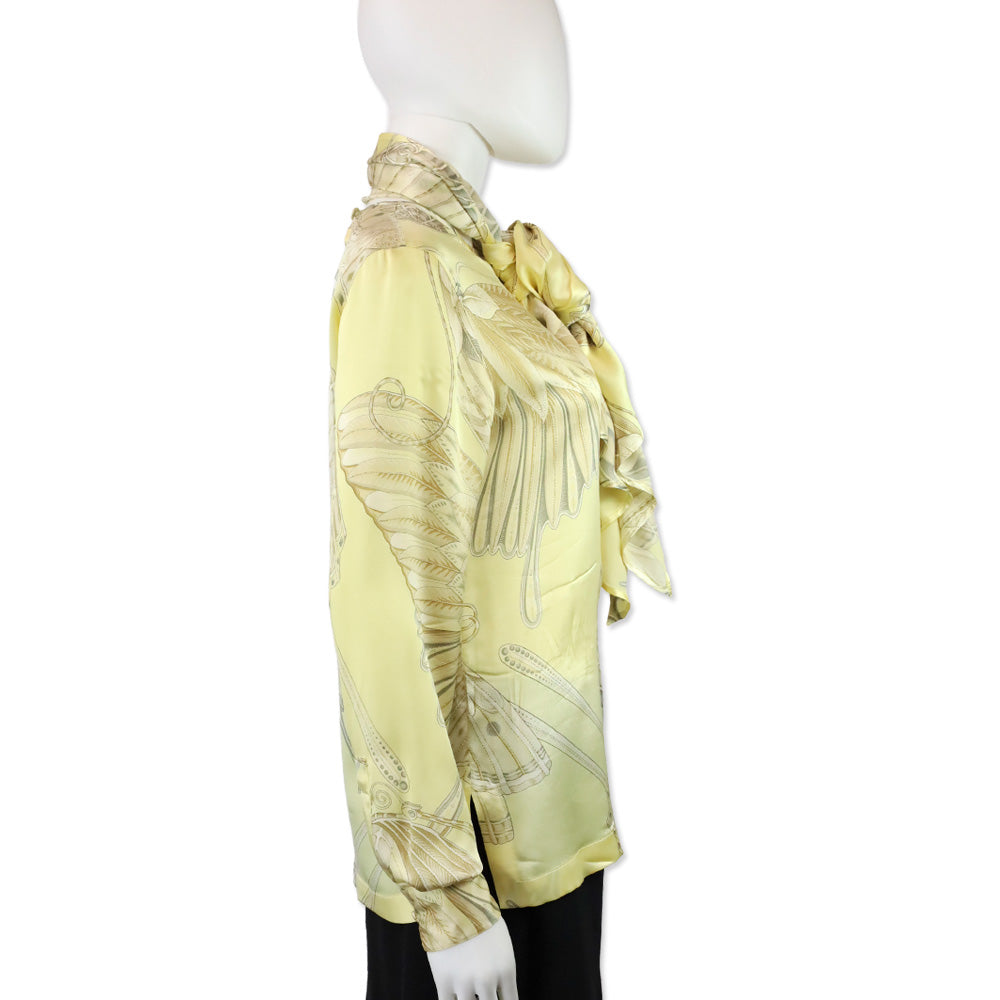 Salvatore Ferragamo Yellow Butterfly Print Silk Long Sleeve Blouse with Scarf